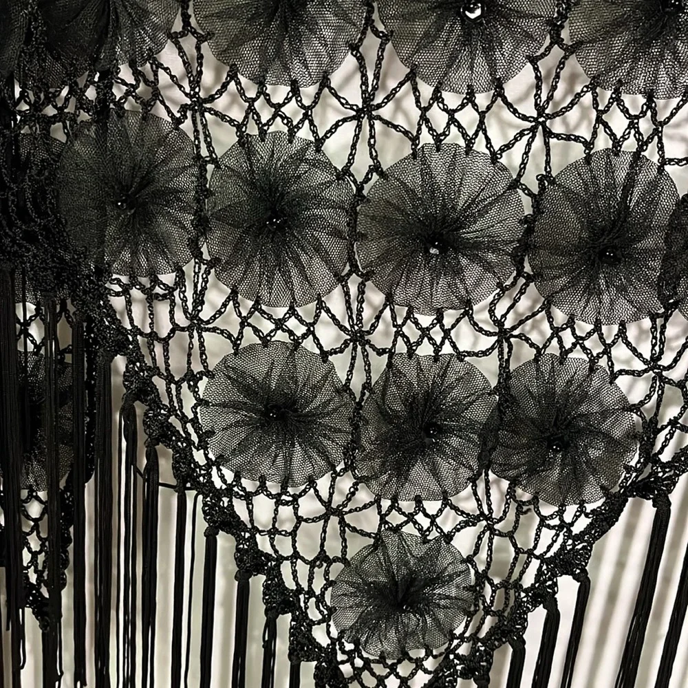 Black Crochet Beaded Floral Fringe Shawl - Picture 14 of 15